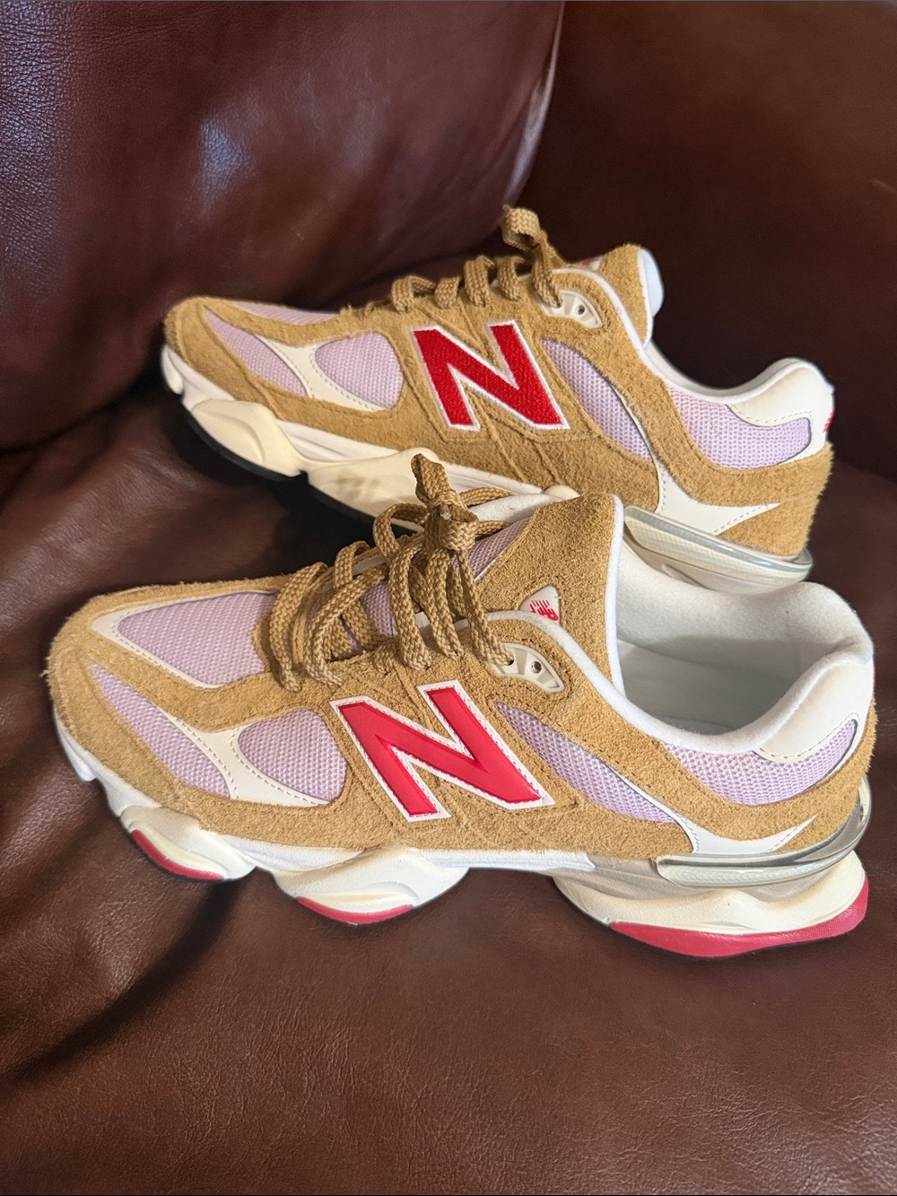 New Balance 9060 Tan & Pink Sneakers with Red 'N' Accent